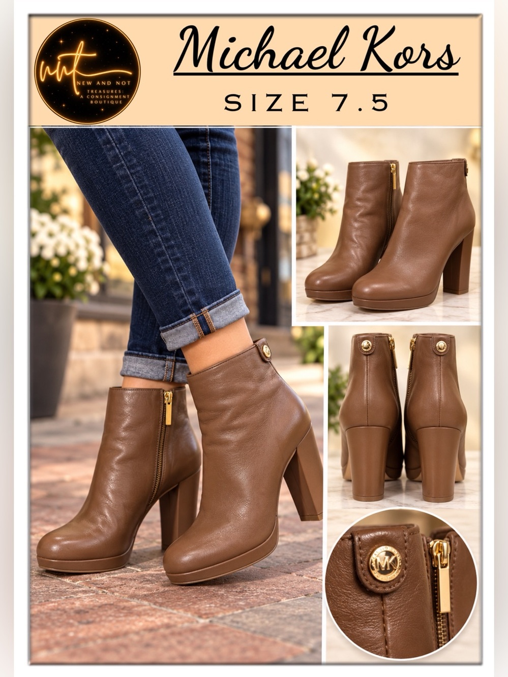 Michael Kors Sammy Dark Caramel Leather Side Zip Platform Ankle Boots 7.5 $198